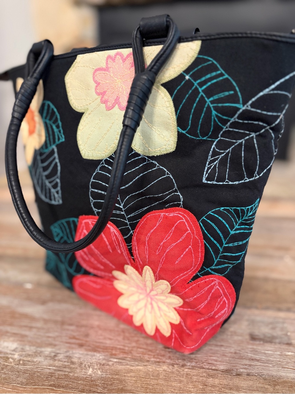 Talbots Embroidered Bag Retro Floral Cotton Zippered Tote